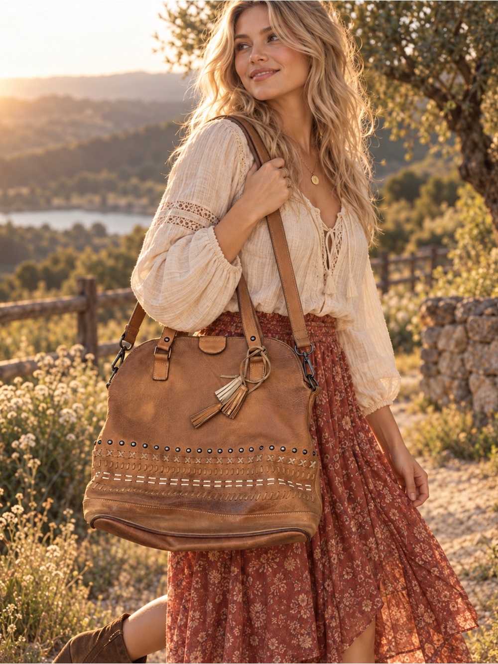 Percibal Hand crafted 100% distressed Leather Brown Boho Studded purse